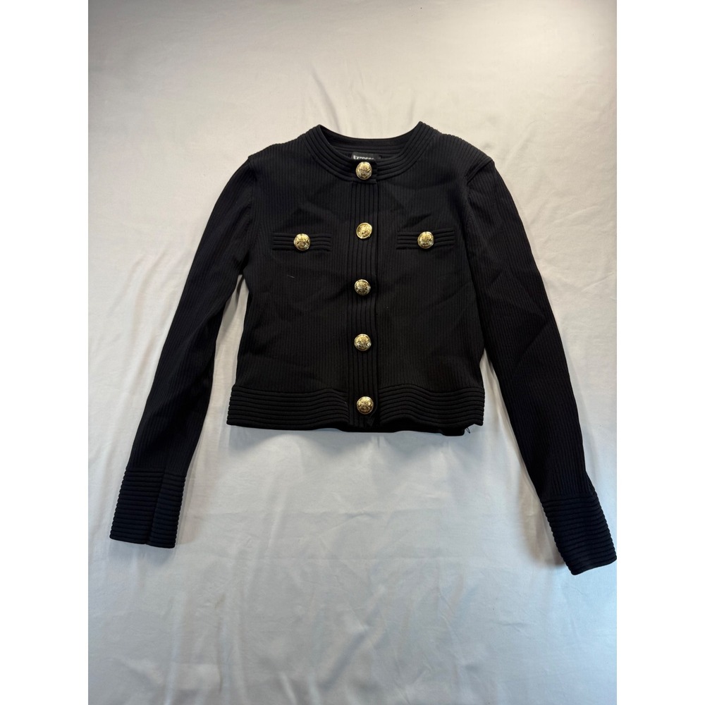 Express Womens Ribbed Knit Cardigan Sweater Small Black Gold Crest Button Jacket